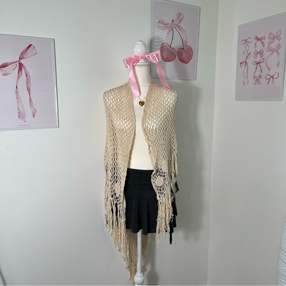 Vintage Crochet Fringe‎ Poncho Pullover Hand Woven Turkey Boho One Size